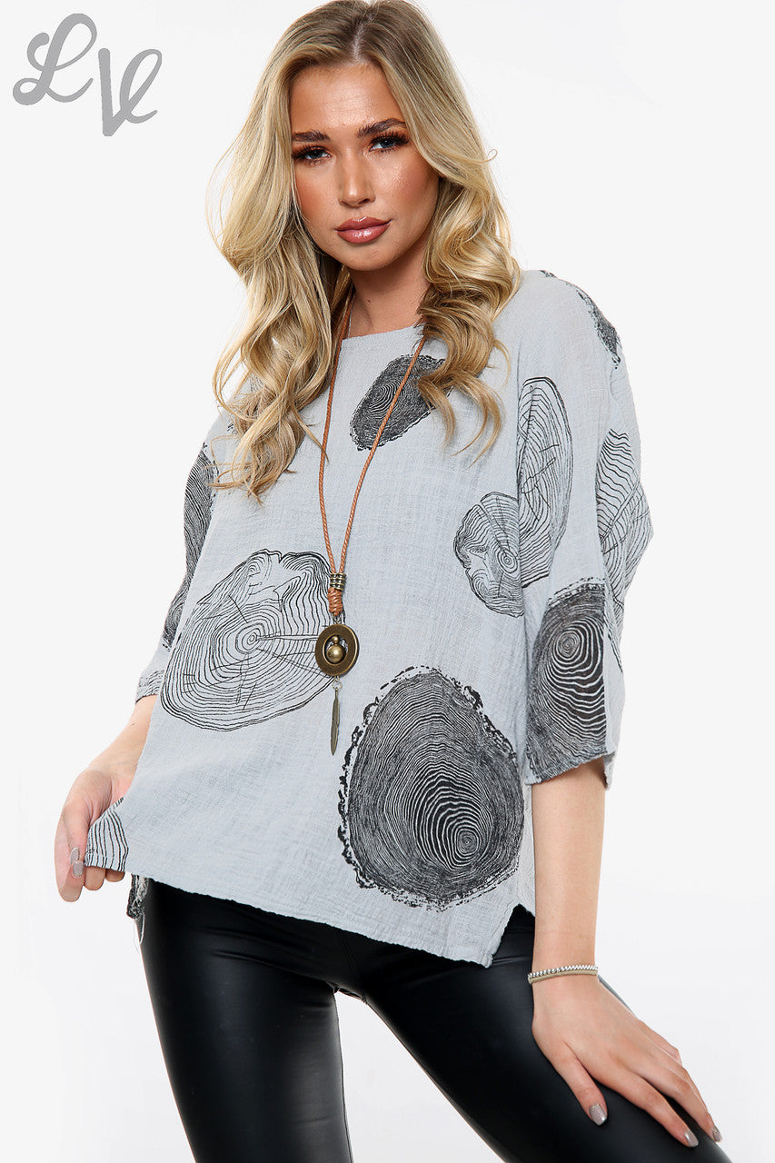 Ladies Tree Root Print Top With Necklace Grey
