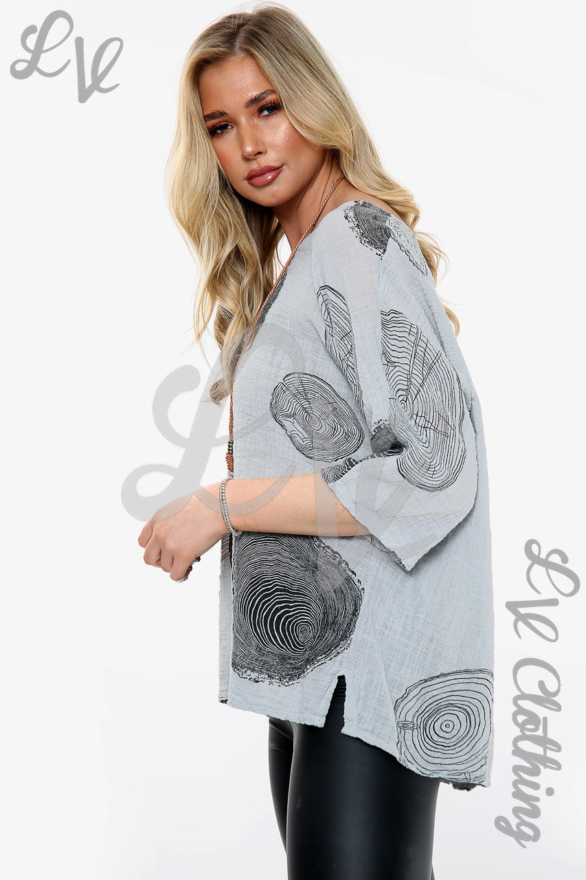 Ladies Tree Root Print Top With Necklace Grey