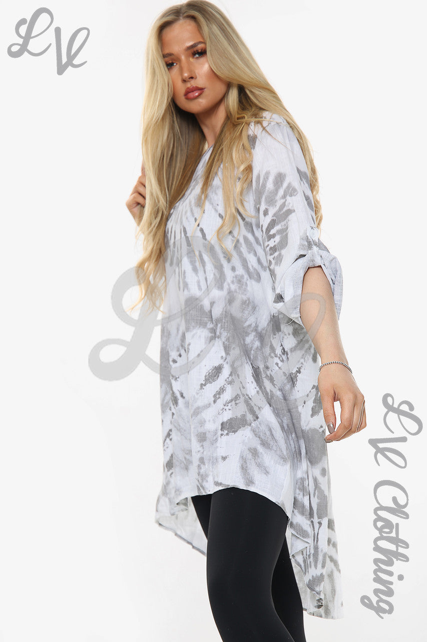Ladies Tie Dye Swirl Print Tunic Top With Button Back Detail Grey Unit Price £10.99
