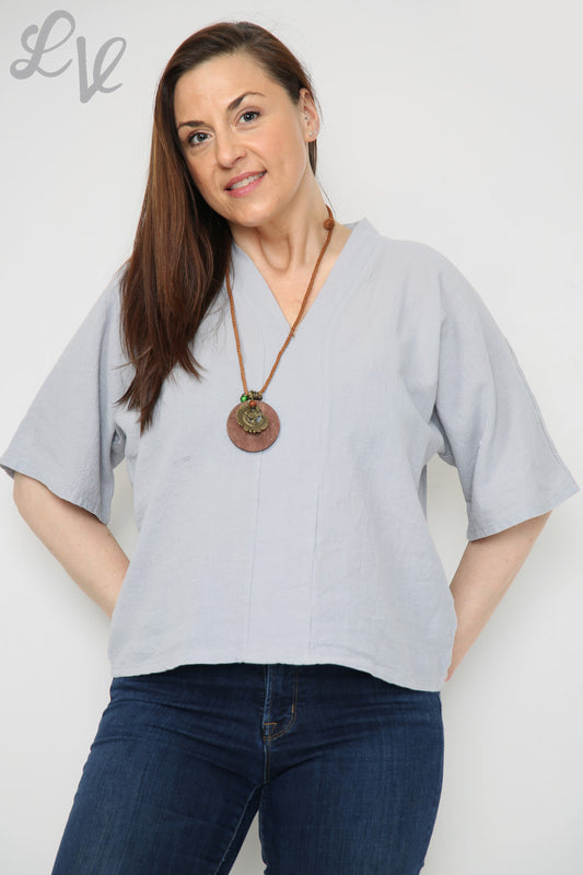 Ladies Linen Plain V-Neck Top With Necklace Grey Unit Price £9.99