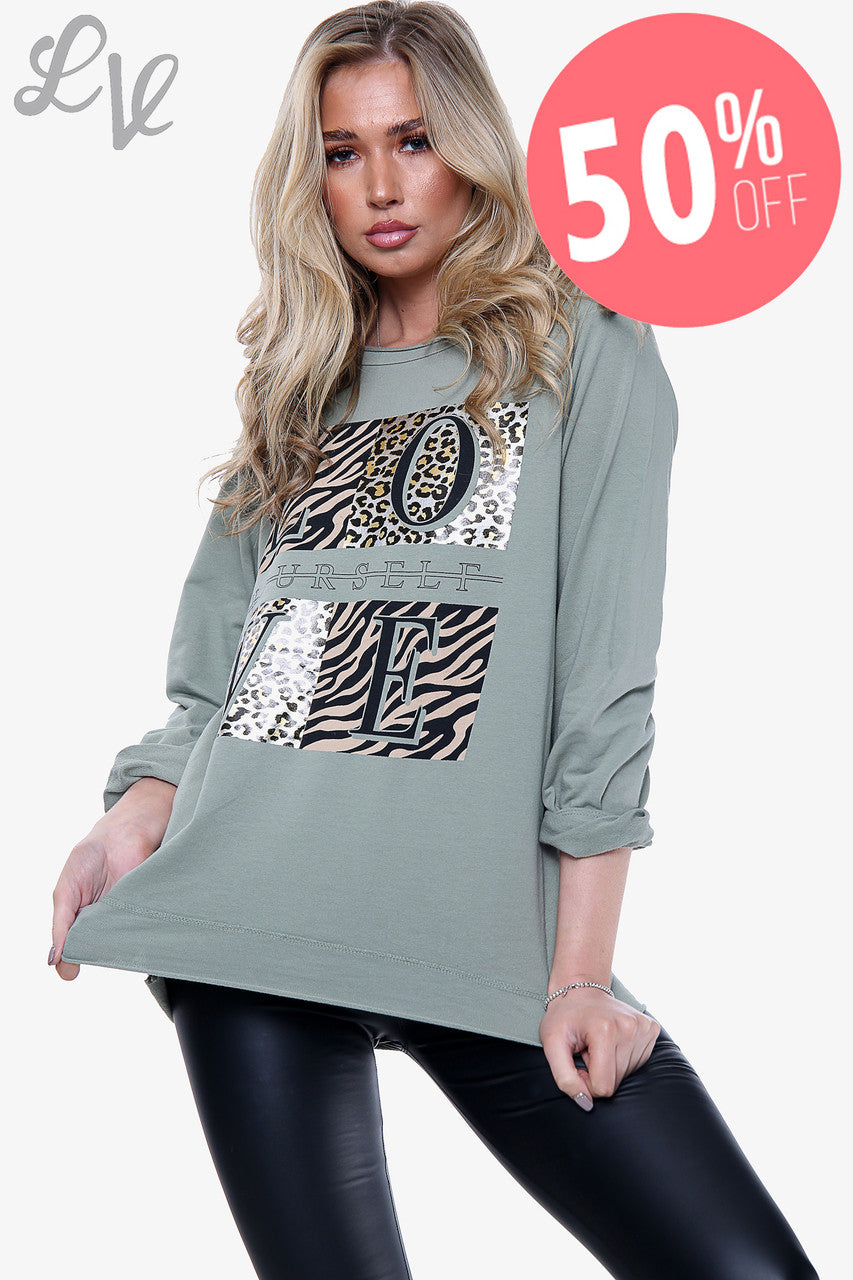 Ladies 'Love yourself' Graphic Top Khaki Unit Price WAS £11.99 NOW £5.99