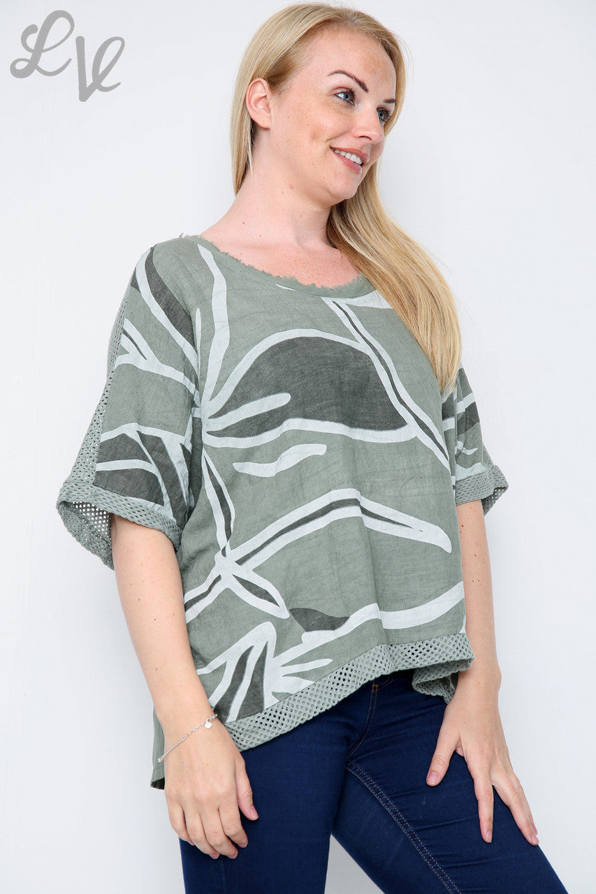Dames Abstract Bloemenprint Top Kaki Stukprijs € 12,99