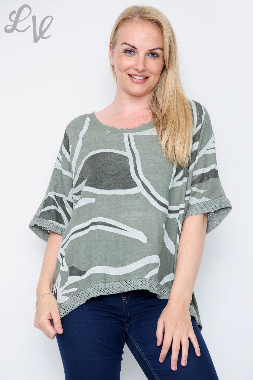 Dames Abstract Bloemenprint Top Kaki Stukprijs € 12,99