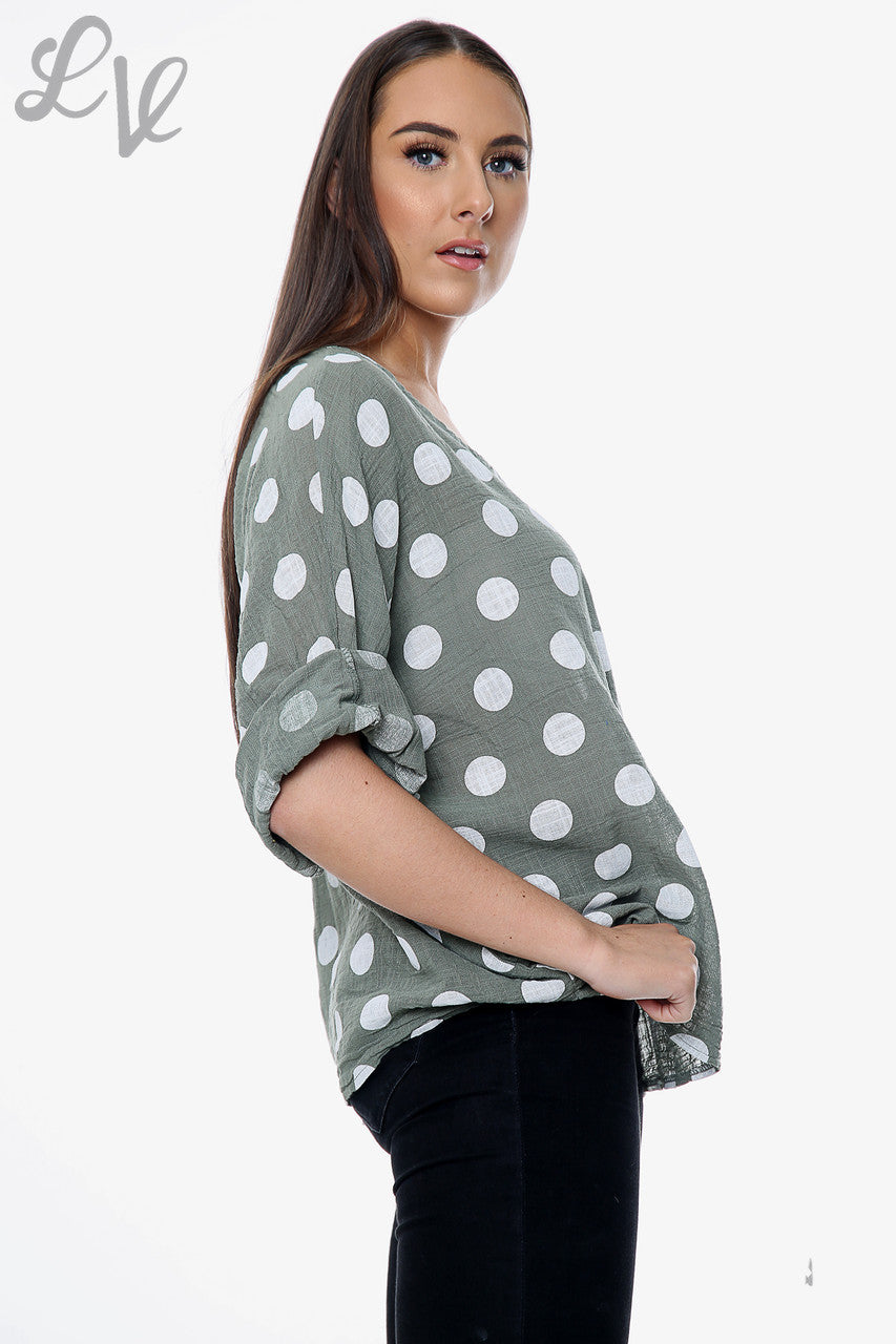 Ladies Polka Dot Simple Top Khaki Unit Price £7.99