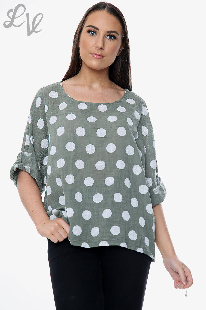Ladies Polka Dot Simple Top Khaki Unit Price £7.99