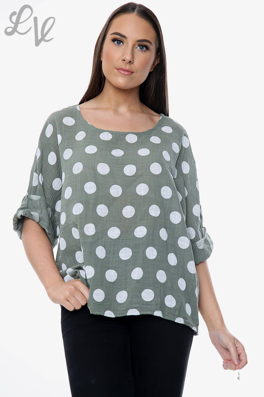 Ladies Polka Dot Simple Top Khaki Unit Price £7.99