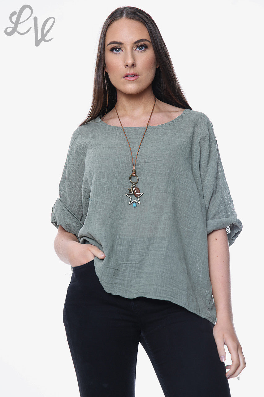 Slate green women’s plain tunic top with wide round neckline and rolled three-quarter sleeves