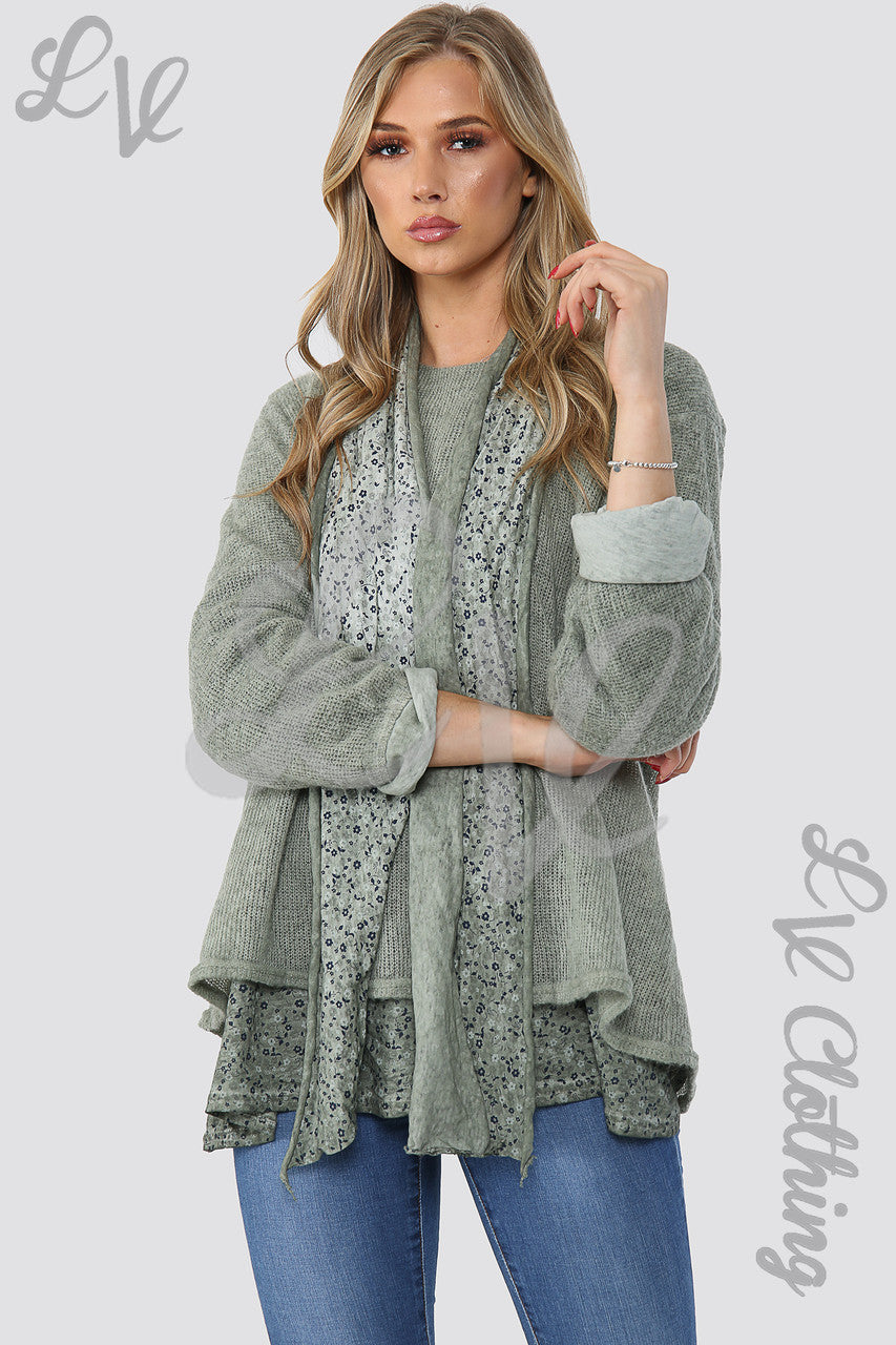 Dames Jumper met Bloemprint en Sjaal Khaki - Eenheidsprijs WAS € 16,99 NU € 7,99