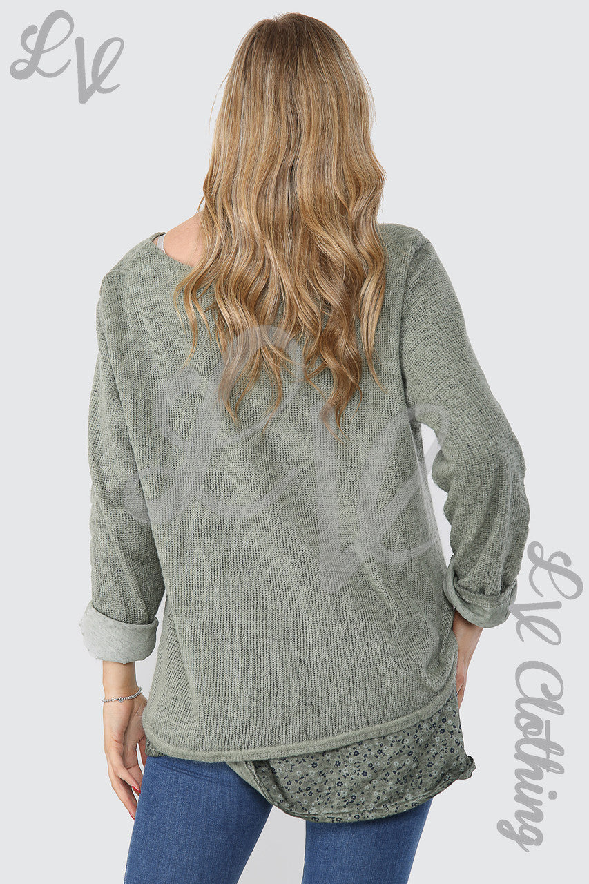 Dames Jumper met Bloemprint en Sjaal Khaki - Eenheidsprijs WAS € 16,99 NU € 7,99