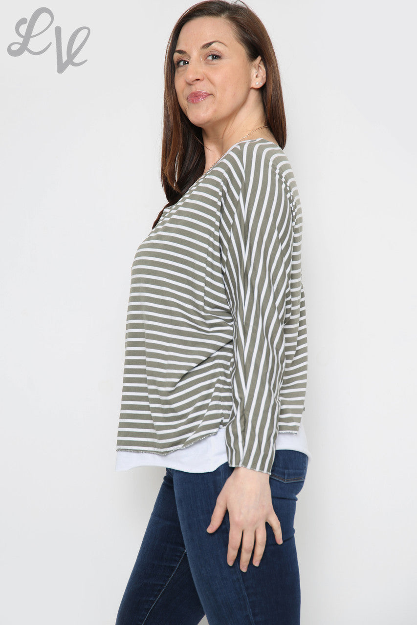 Dames gestreept tweedelig topje Khaki Eenheidsprijs €8,99