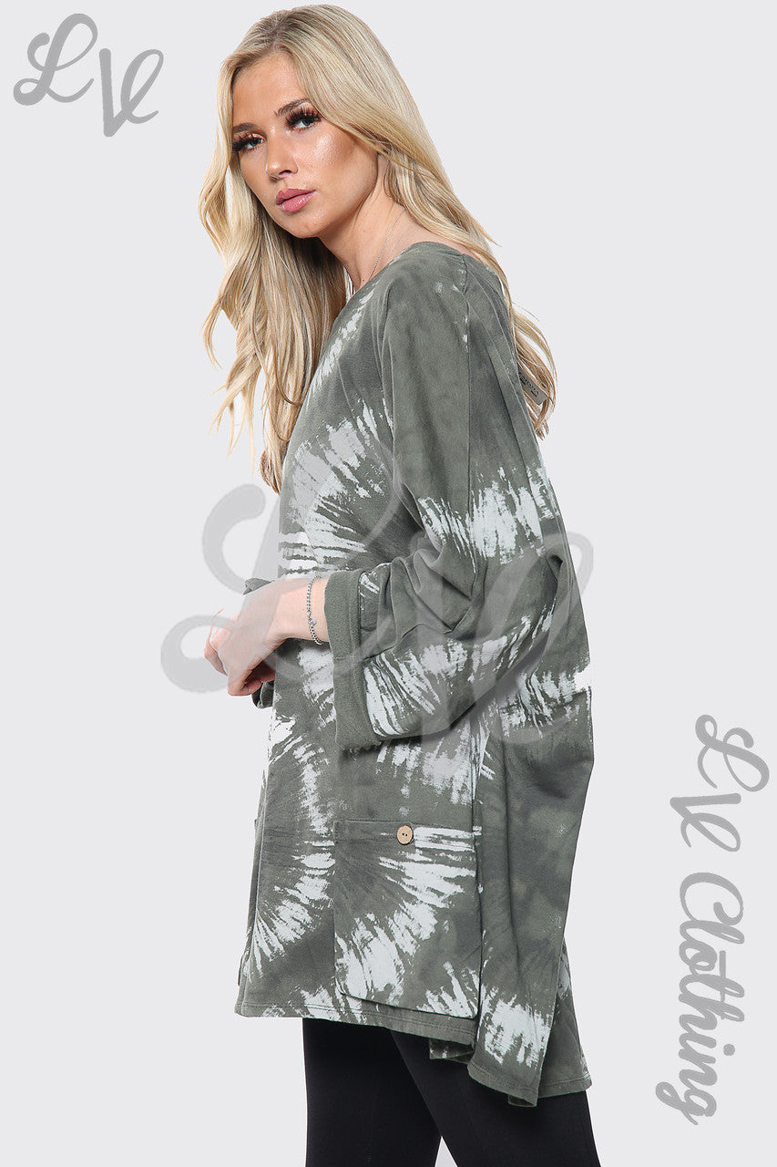 Dames Tie Dye Print Baggy Top Kaki Stukprijs € 8,99