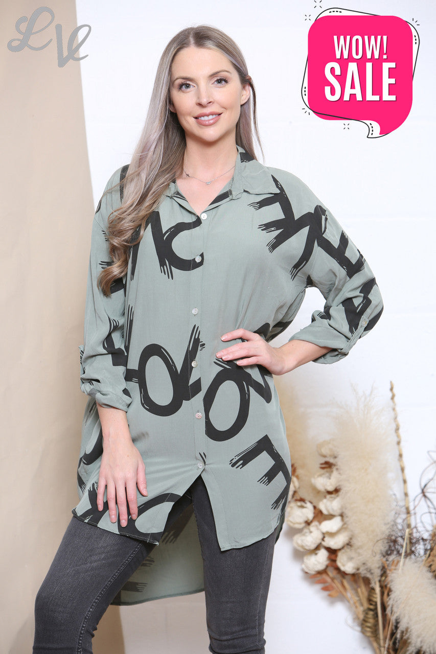 Ladies Love Graffiti Print Shirt Top Khaki