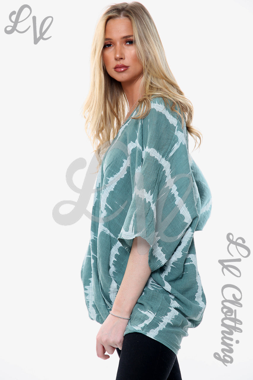 Dames Tie Dye Print Floaty Top Kaki Stukprijs € 14,99
