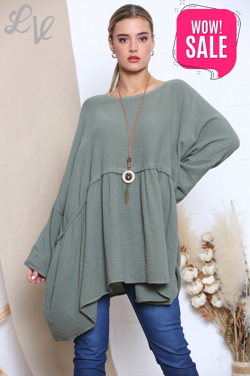Dames Lagenlook Floaty Top Met Ketting Khaki