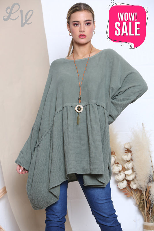 Dames Lagenlook Floaty Top Met Ketting Khaki