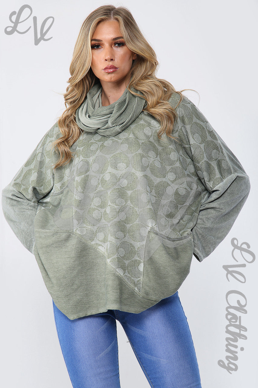 Ladies Circle Print Oversized Top Met Sjaal Khaki - Eenheidsprijs €16,99