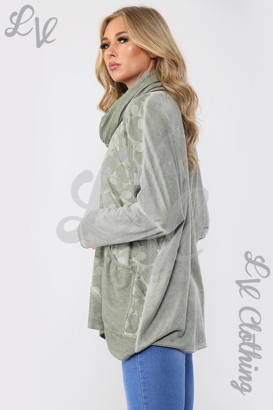 Oversized ladies top with circle print and draped scarf neck, light olive-gray