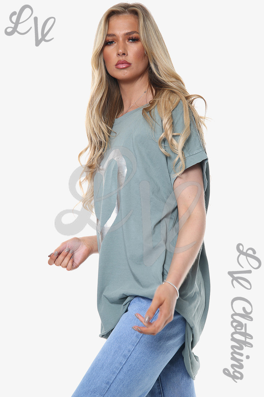 Ladies Foil Heart Graphic Top Khaki Unit Price £10.99