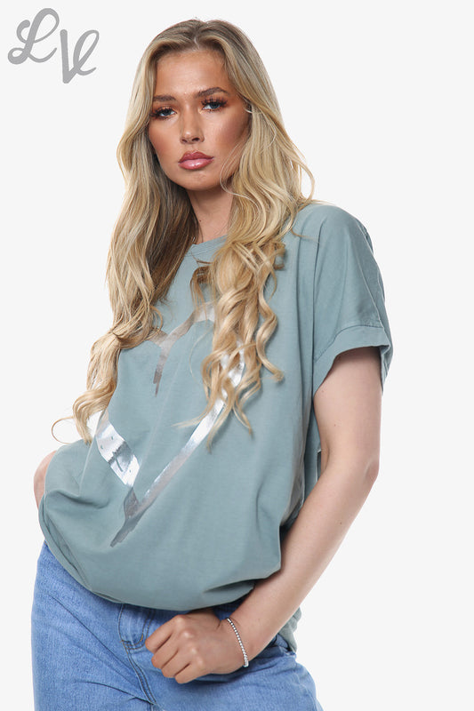 Ladies Foil Heart Graphic Top Khaki Unit Price £10.99