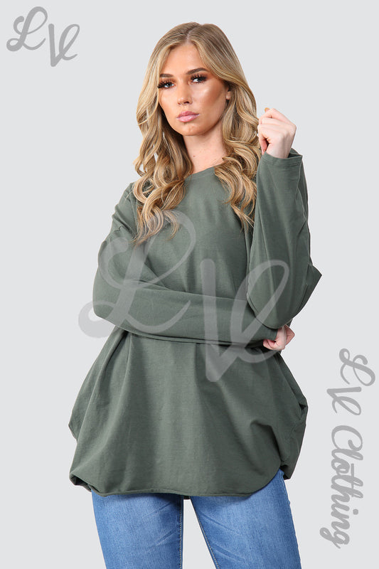 Dark green oversized tunic sweatshirt top, long sleeves, crew neck, front view