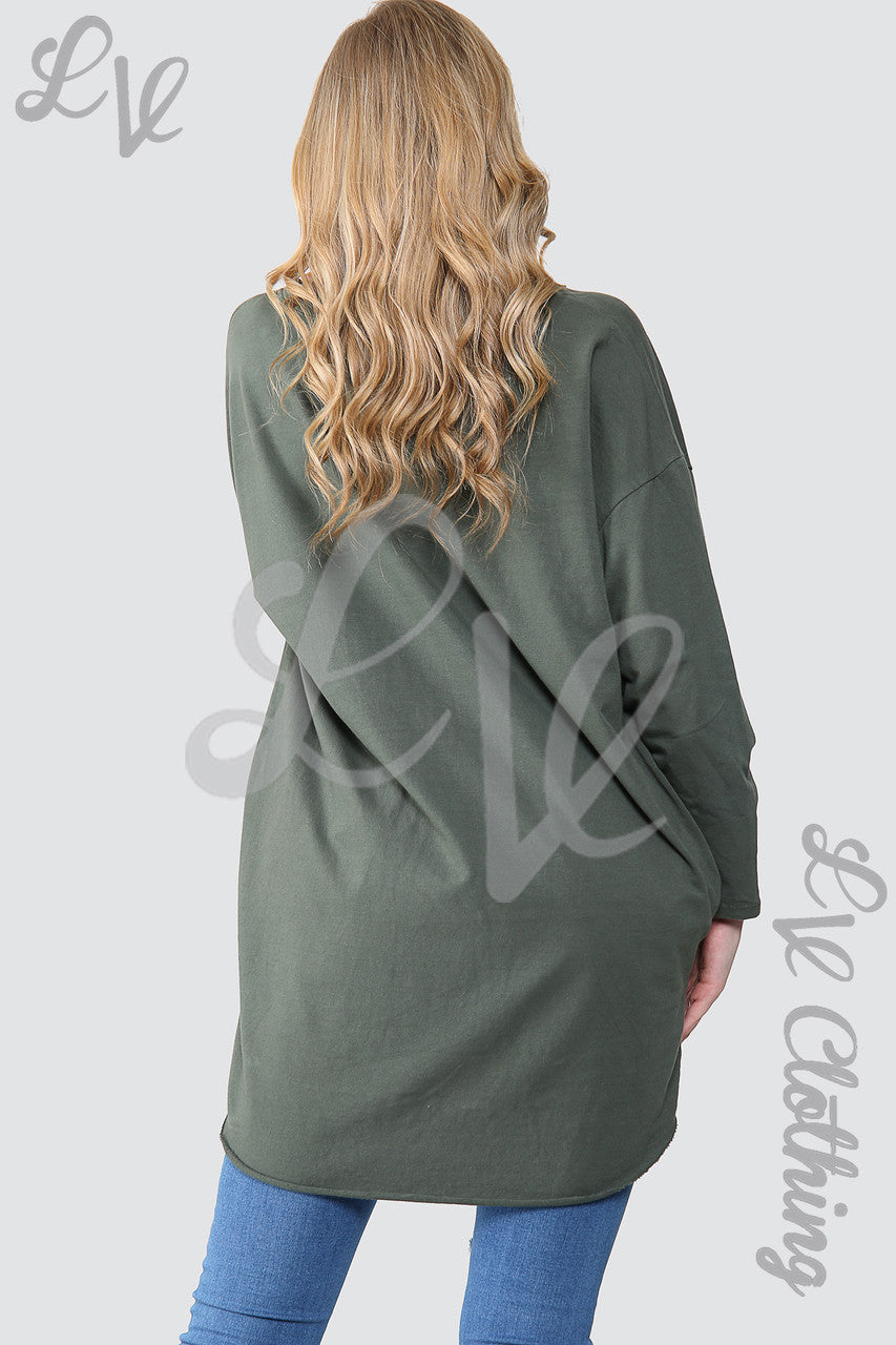 Dames Effen Oversized Tuniek Sweatshirt Top Kaki - Stukprijs € 14,99