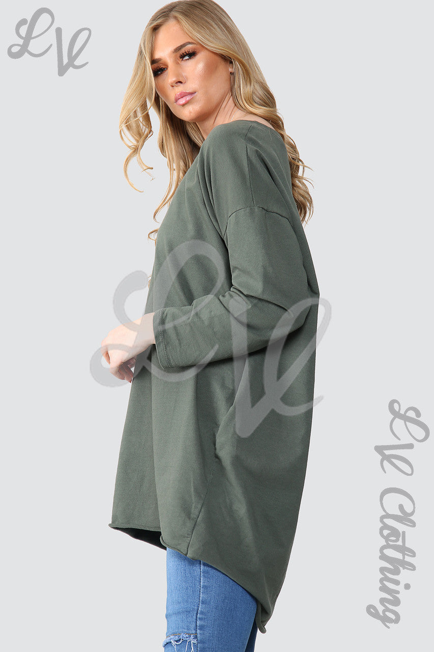 Dames Effen Oversized Tuniek Sweatshirt Top Kaki - Stukprijs € 14,99