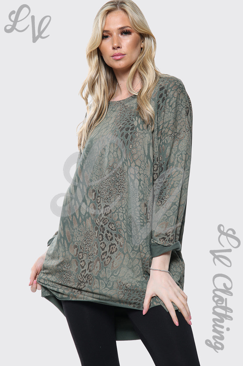 Ladies Leopard Print Italian Oversize Batwing Top Khaki Unit Price £16.99