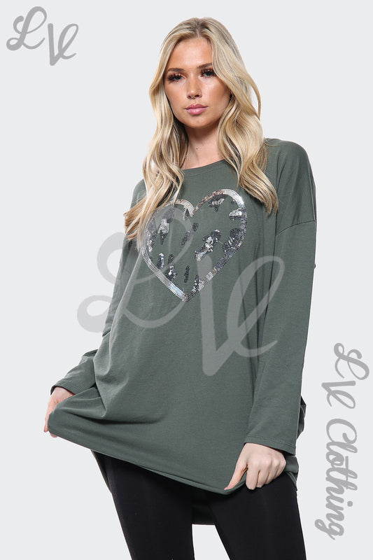Oversized sequin heart print top in olive green, long sleeves
