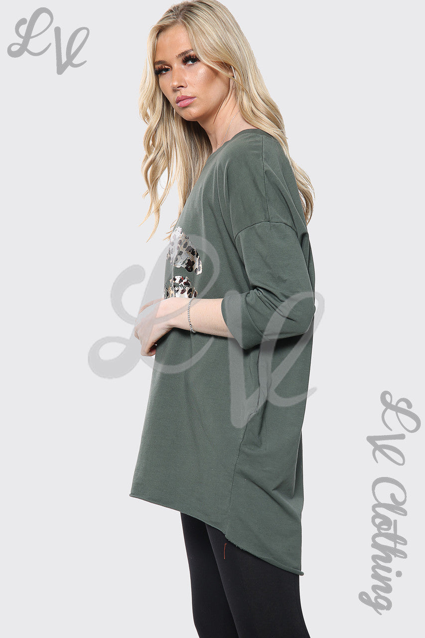 Dames Luipaard Lippenprint Vleermuismouw Oversized Top Khaki Stukprijs €14,99