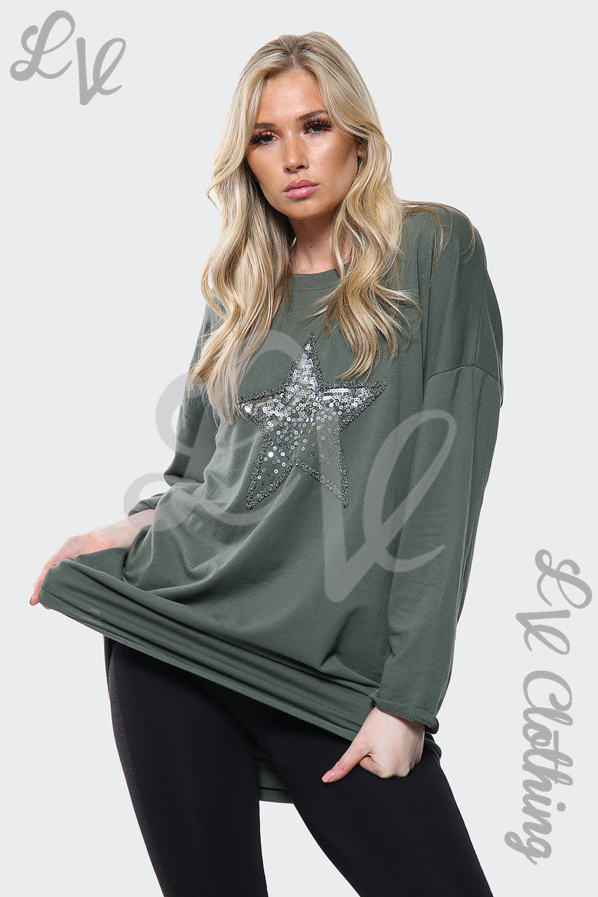 Dames Zilveren Pailletten Sterrenprint Italiaanse Oversized Top Kaki Stukprijs €13,99