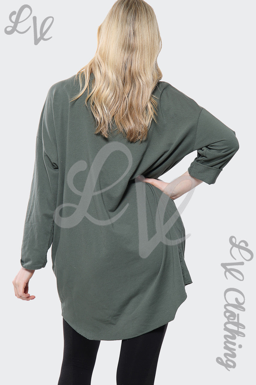 Dames Zilveren Pailletten Sterrenprint Italiaanse Oversized Top Kaki Stukprijs €13,99