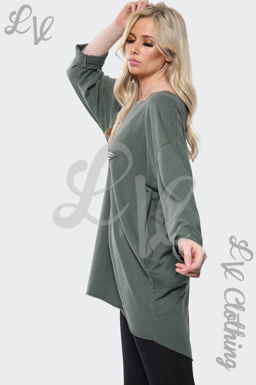 Dames Zilveren Pailletten Sterrenprint Italiaanse Oversized Top Kaki Stukprijs €13,99