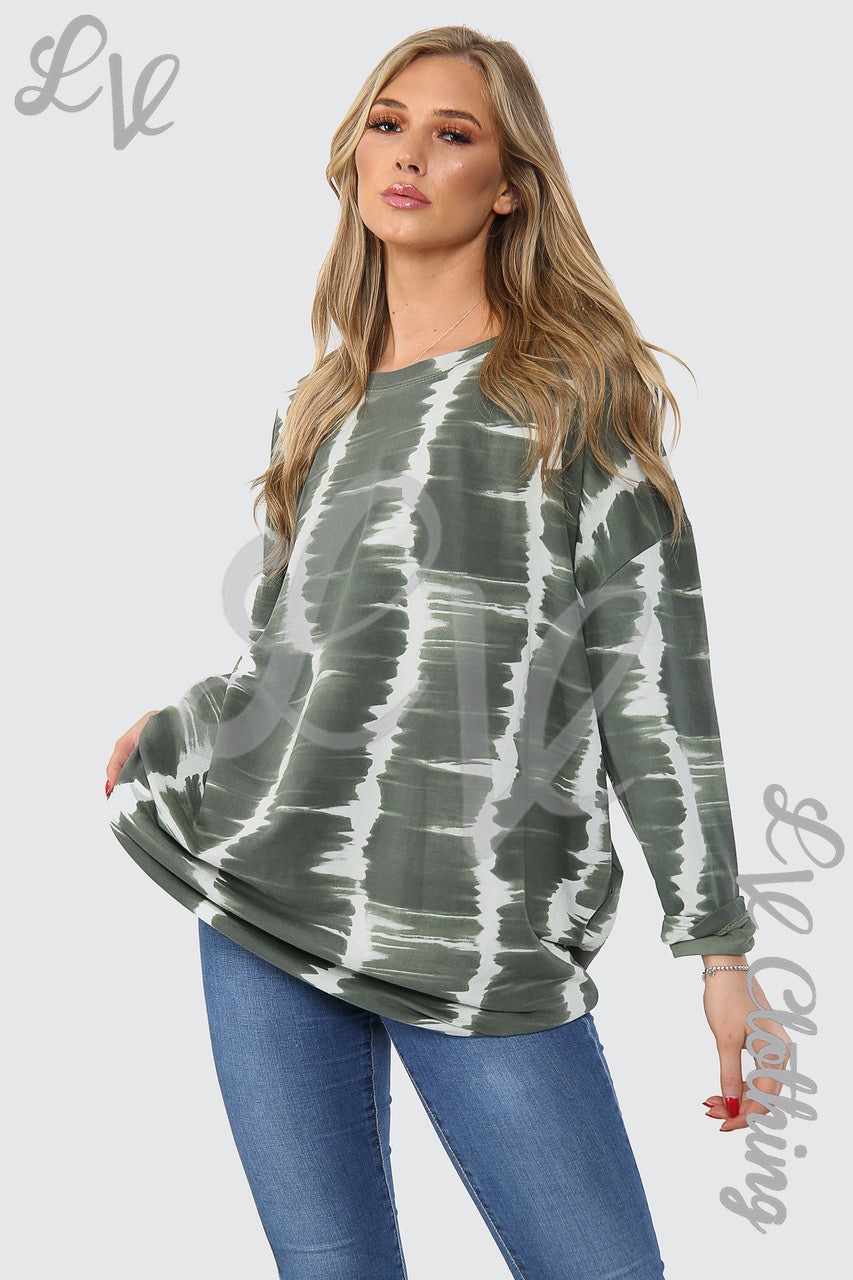 Ladies Tie Dye Print Tunic Top Khaki - Unit Price £14.99
