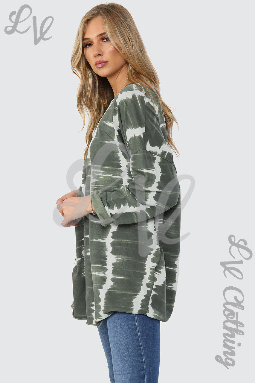 Ladies Tie Dye Print Tunic Top Khaki - Unit Price £14.99