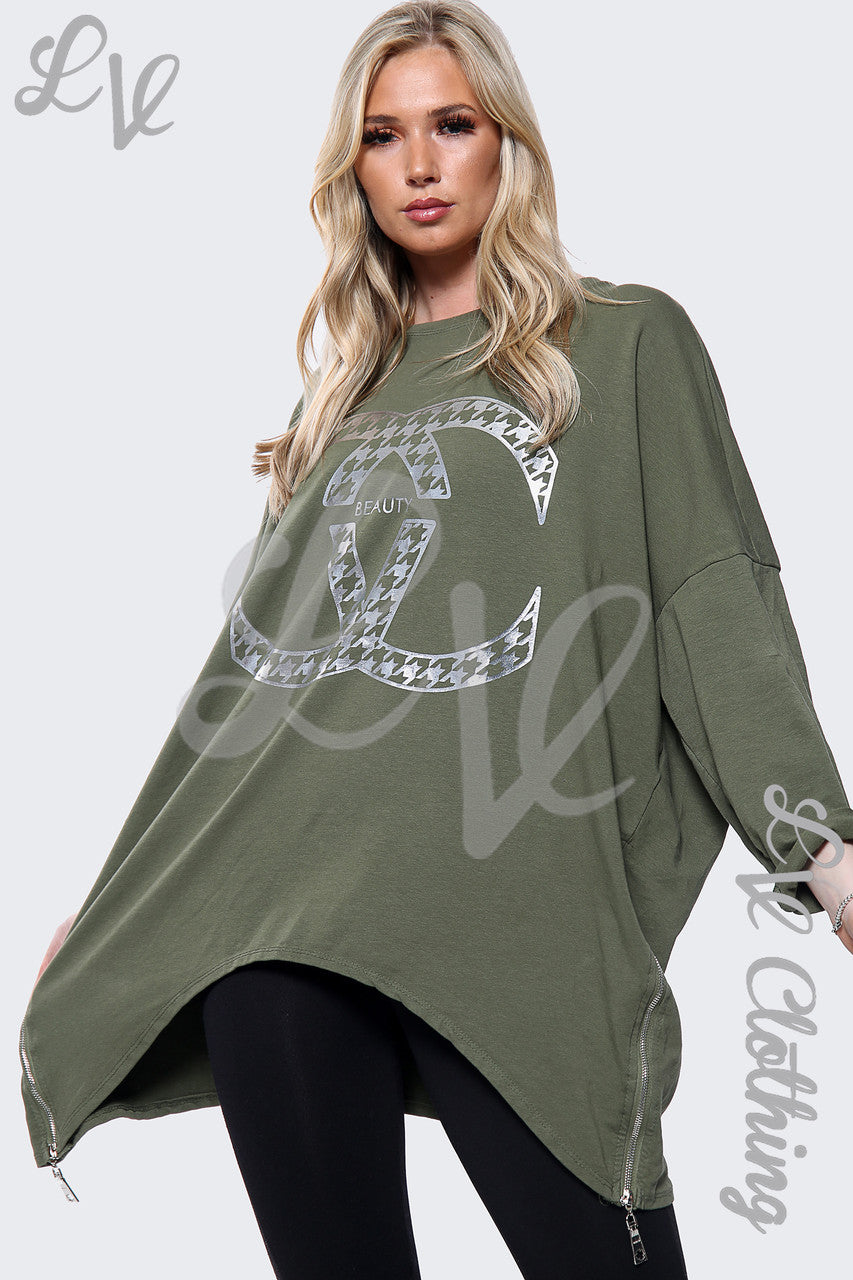 Dames Zilveren CC Print Batwing Oversized Top Khaki Stukprijs € 15,99