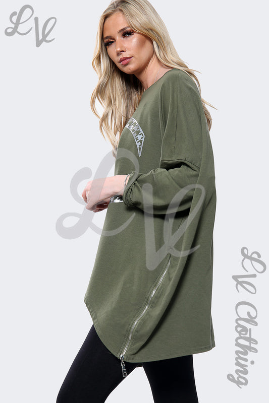 Ladies Silver CC Print Batwing Oversized Top Khaki Unit Price £15.99