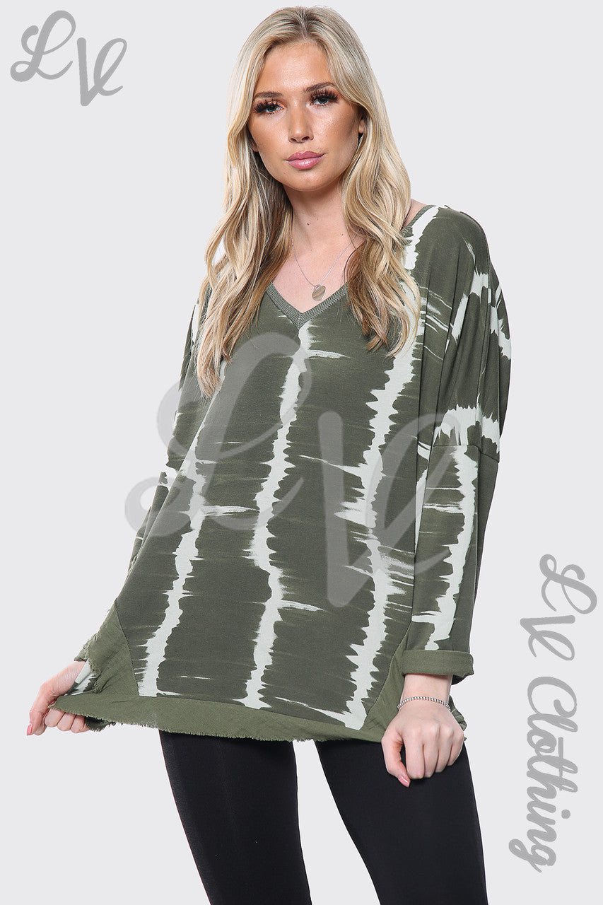 Dames Tie Dye Print V-hals Oversized Top Kaki Stukprijs €11.99