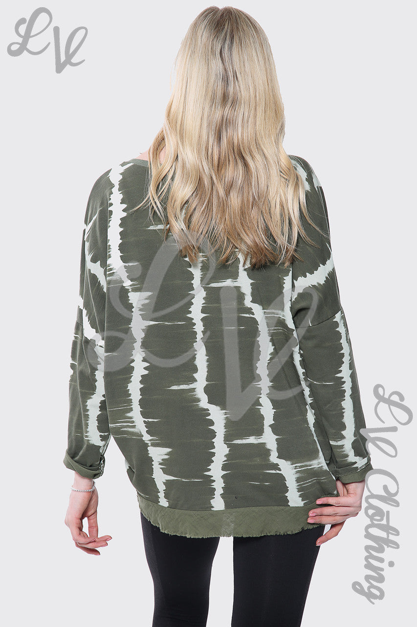 Dames Tie Dye Print V-hals Oversized Top Kaki Stukprijs €11.99