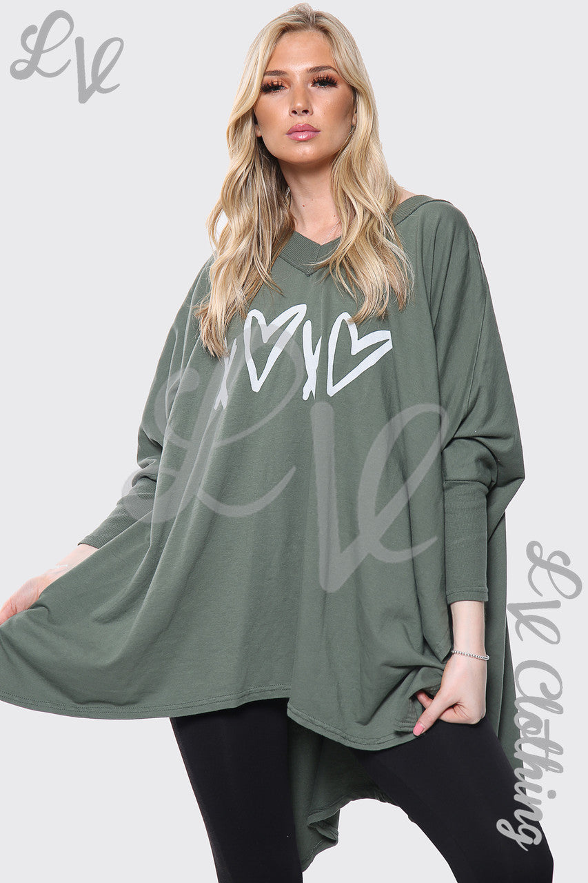 Dames Hart X Print Italiaans Baggy Top Khaki Prijs per stuk £17.99