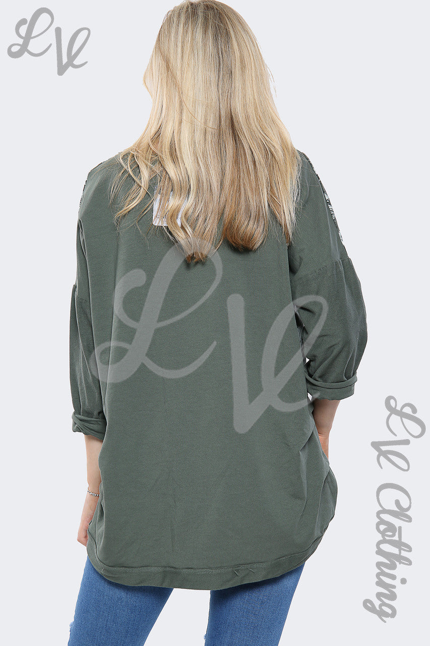 Dames Paint Print Oversized Sweatshirt Top Khaki - Stukprijs € 15,99