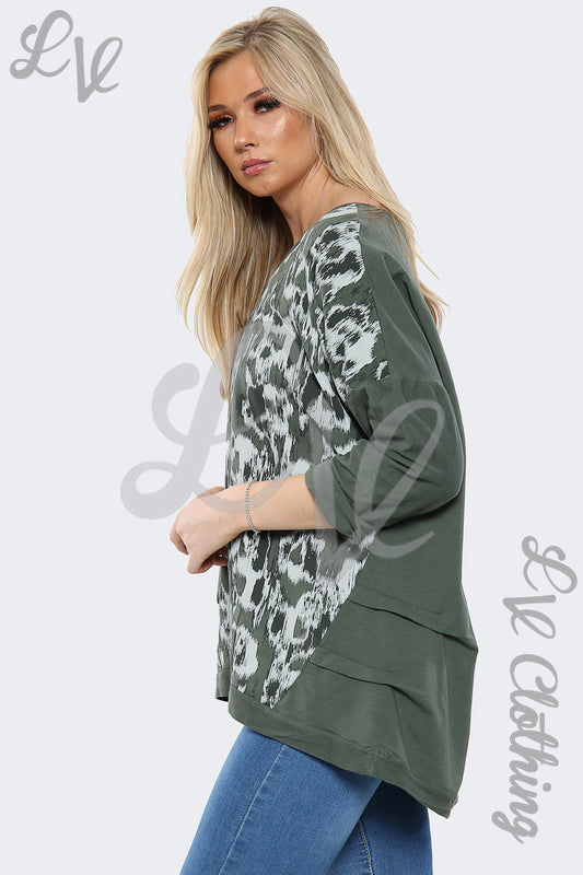 Olive oversized sweatshirt top with abstract paint print and 3/4 sleeves
