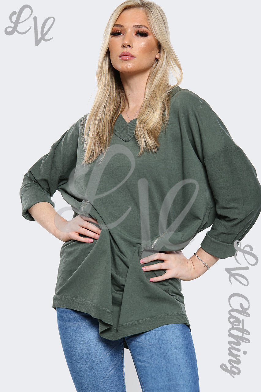 Dames V-hals Oversized Sweatshirt Top Kaki - Prijs per stuk € 11,99