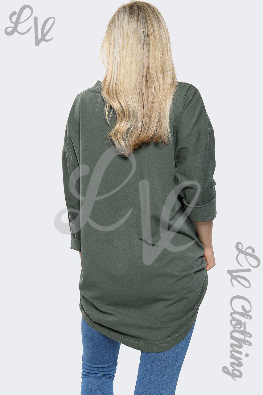 Dames V-hals Oversized Sweatshirt Top Kaki - Prijs per stuk € 11,99