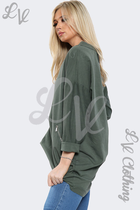 Oversized V-neck sweatshirt top, dark green, long sleeves, loose fit