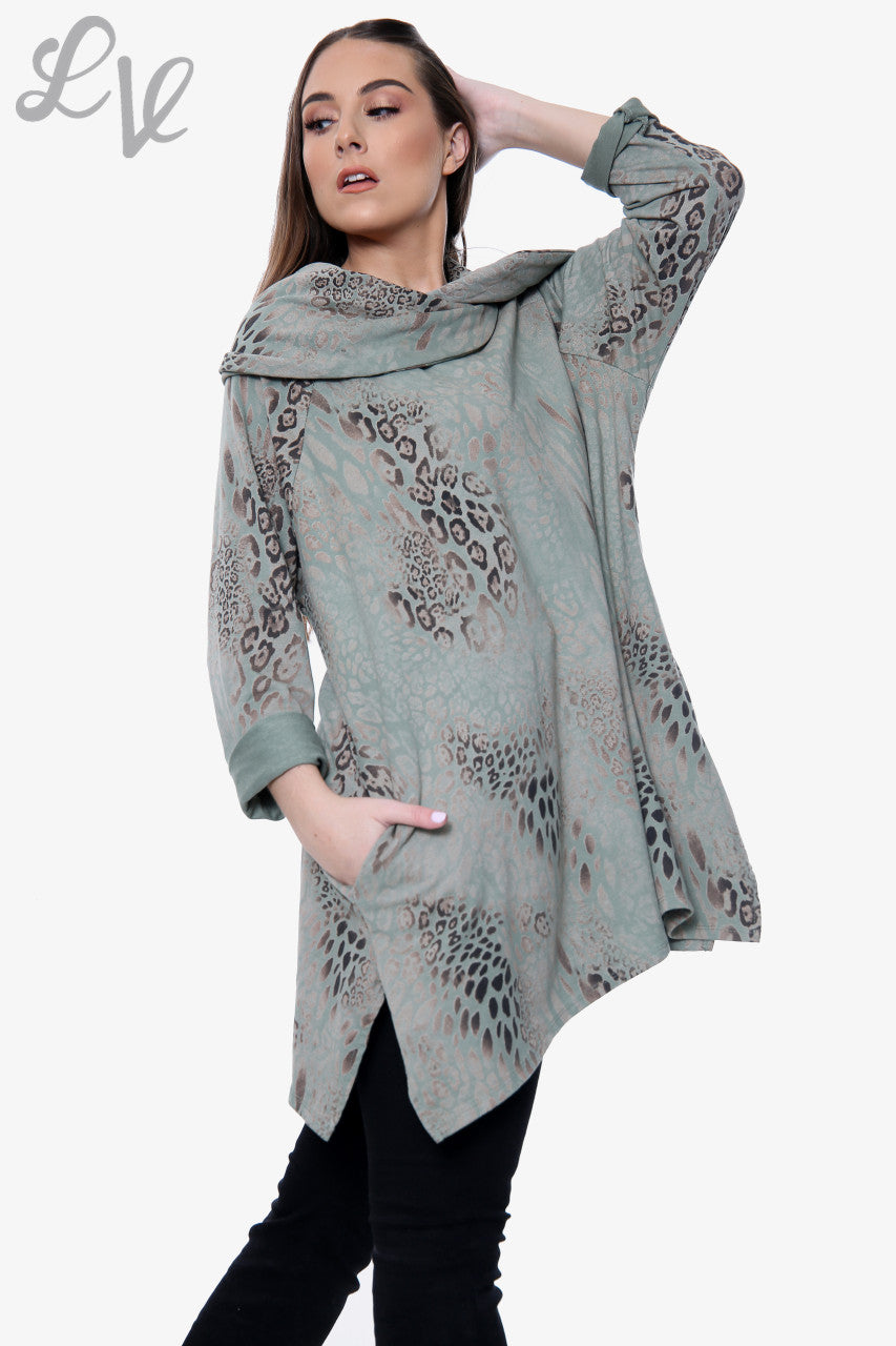 Ladies Animal Print Draped Shoulder Sweatshirt Khaki Unit Price £13.99