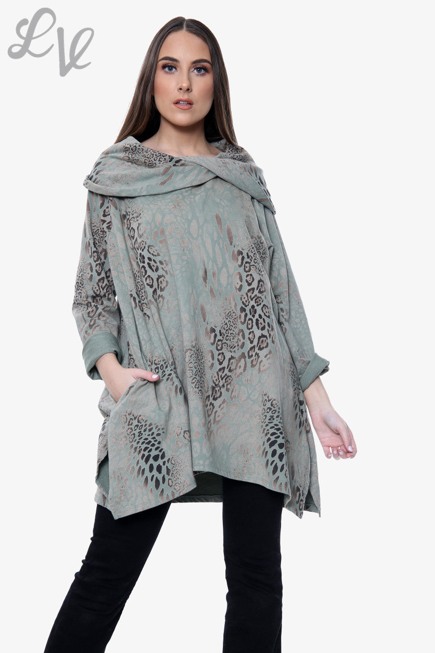 Ladies Animal Print Draped Shoulder Sweatshirt Khaki Unit Price £13.99