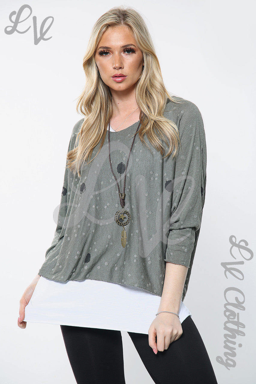 Dames Dubbellaags Top Met Stippenprint En Ketting Kaki Stukprijs €12,99