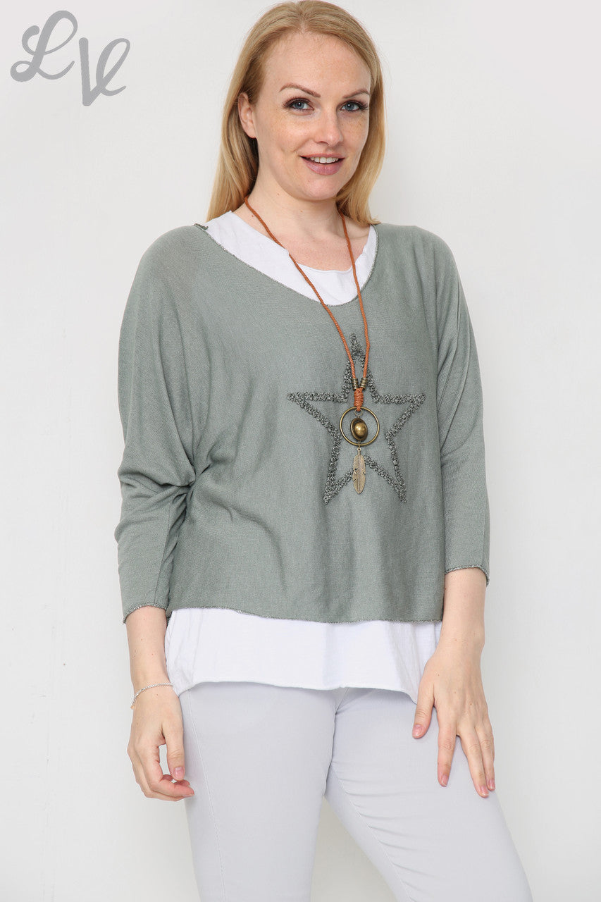 Ladies Glitter Star 2 Layer Top With Necklace Khaki Unit Price £10.99