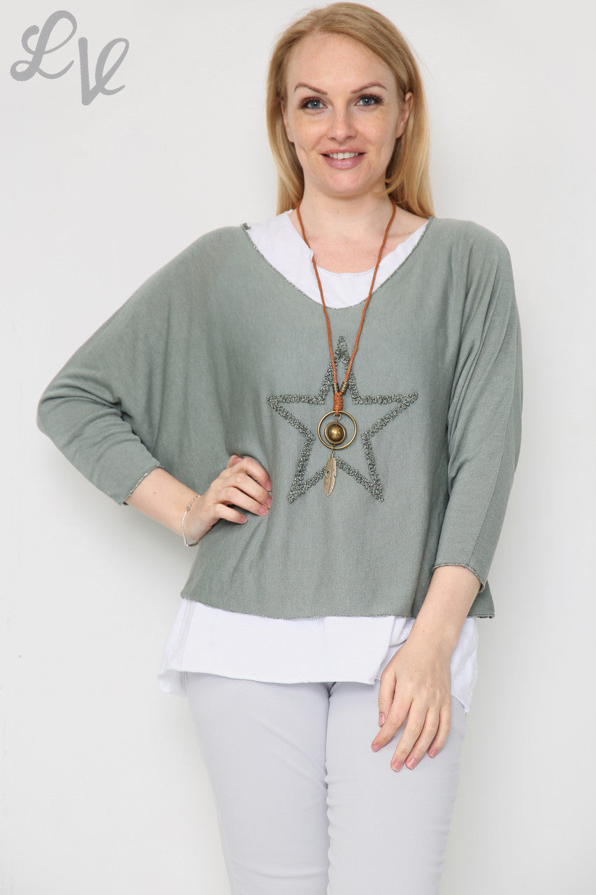Ladies Glitter Star 2 Layer Top With Necklace Khaki Unit Price £10.99