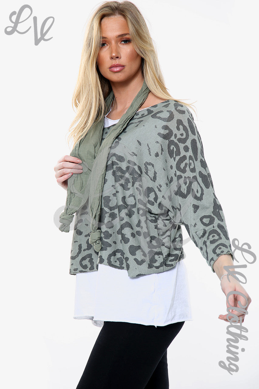 Dames Top Met Luipaardprint En Twee Lagen Met Bijpassende Sjaal Kaki Stukprijs € 11,99